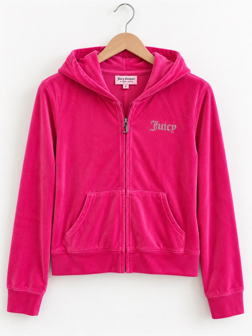 Juicy Couture Pink Velour Rhinestone Logo Zip Up Hoodie Womens Small Y2K